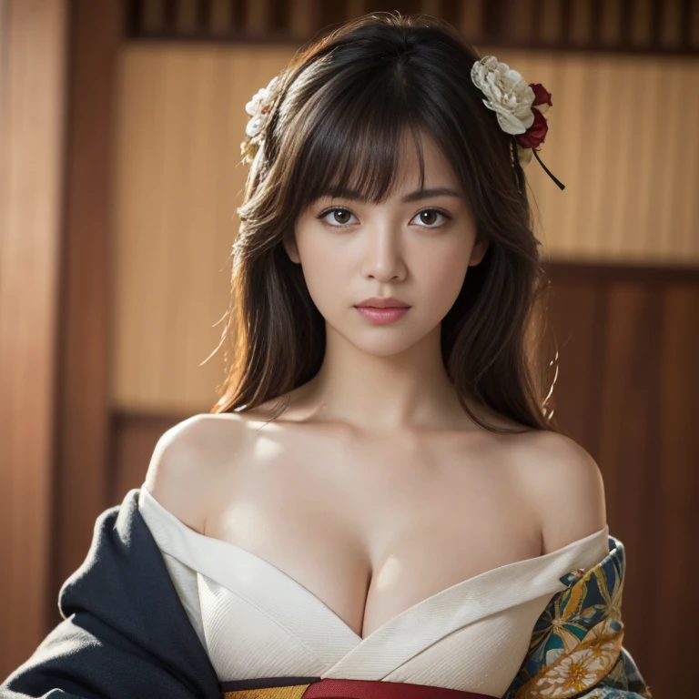 masutepiece, Best Quality, Illustration, Ultra-detailed, finely detail, hight resolution, 8K Wallpaper, Perfect dynamic composition, Beautiful detailed eyes, Kimono, Off-shoulder, cleavage