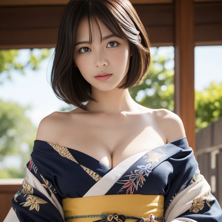 masutepiece, Best Quality, Illustration, Ultra-detailed, finely detail, hight resolution, 8K Wallpaper, Perfect dynamic composition, Beautiful detailed eyes, Kimono, Off-shoulder, cleavage