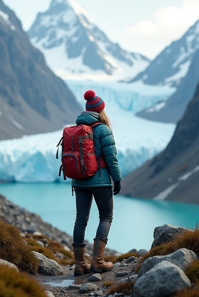 Woman from behind in a mountain landscape with a glacier in the background. The woman is wearing trekking clothes and a colorful wool hat.. ultra realistic