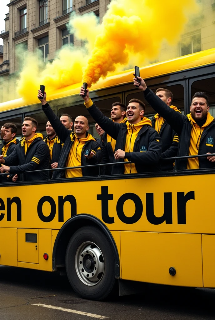 Image simpliste de groupe de supporter homme de style ultras hooligans en veste jaune et noir dans un bus jaune avec inscrit «ROUEN ON TOUR » avec des fumigènes jaune et noir dans la mains 