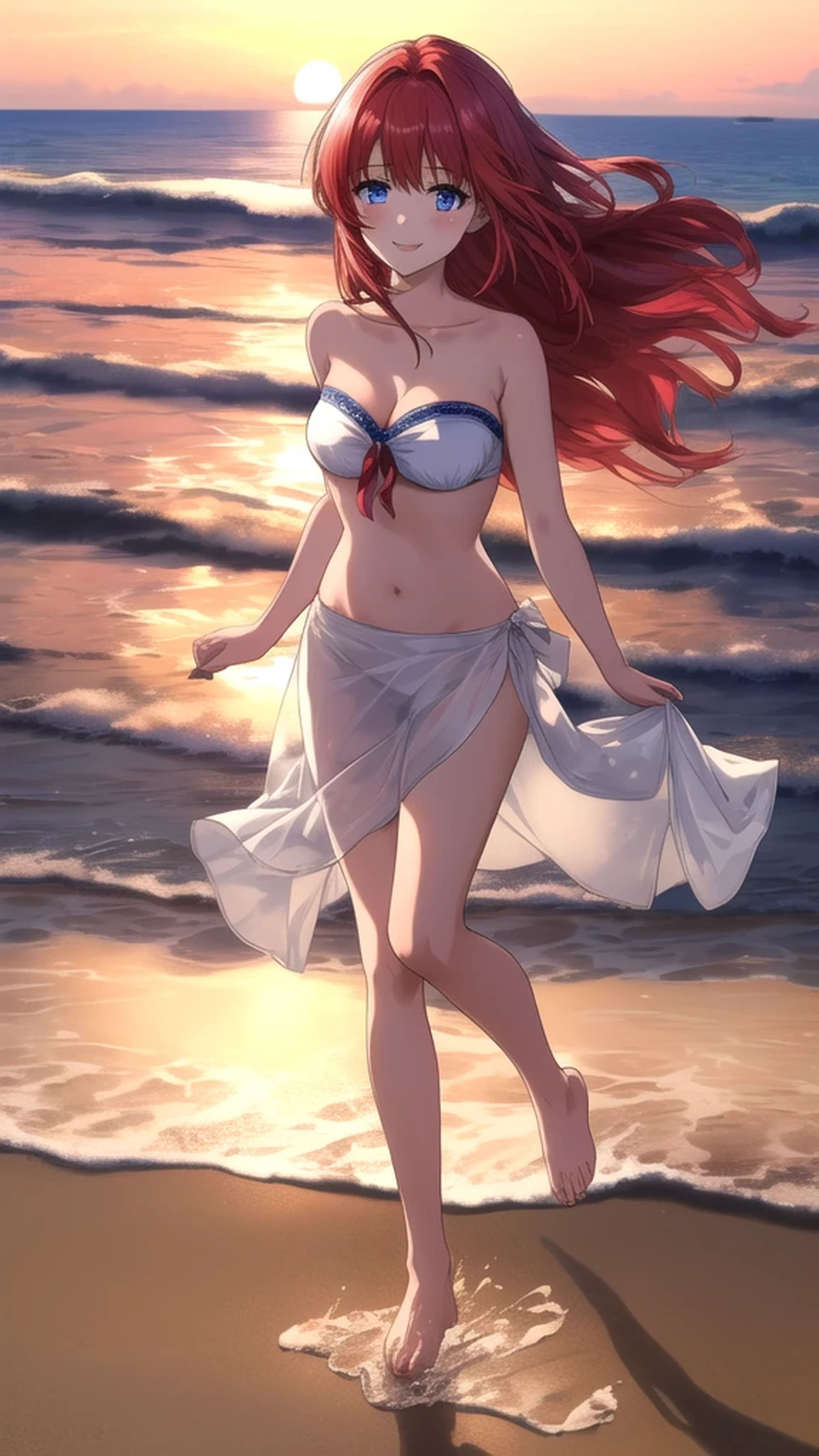 kotorishirakawa, ((masterpiece, best quality, highres, distinct_image)), extremely beautiful and delicate, extremely detailed, intricate detail, 1girl, solo, short stack, huge breasts, red hair, long hair, straight hair, Blue eyes, BREAK white bandeau bikini, Cute Smile Open your mouth, Are standing, (She walked along the beach in the sunset, her bare feet touching the water, the closest she came to seeing that smile:1.1), barefoot, Two Arms, (cinematic angle:1.1),