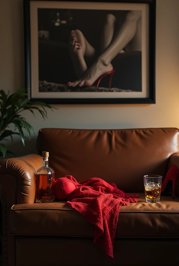 A well-lit room with a vintage, expensive leather sofa, slightly worn, in a deep brown color. On the sofa, there's a casually tossed set of red lace lingerie, a half-empty bottle of whiskey, a glass filled with whiskey and ice, an ashtray with cigarette butts, and one red high-heeled shoe, creating a scene of quiet, lingering decadence. The lighting is soft but sufficient to illuminate the entire scene, especially highlighting the large black-and-white photograph (120x80 cm) in a thin black frame hanging horizontally on the wall above the sofa. The photograph on the wall is clearly visible, contributing to the overall atmosphere.