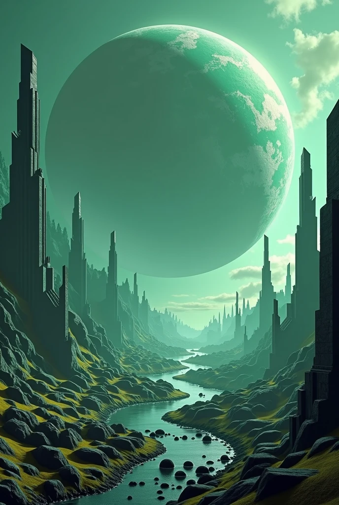 close-up of a futuristic landscape with a giant planet in the background, Highly detailed 4K digital art, stunning artwork in 8k, Epic fantasy sci-fi illustration, fractal thunder dan mumford, Epic fairytale fantasy landscape, Detailed 4k digital art, sci-fi digital art illustration, 8K HD Wallpapers Digital Art, Fantastic Planet, Epic fantasy in digital art style, in acid green tones, 7680 x 4320, dark fantasy