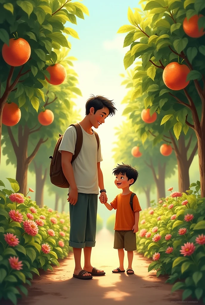 Maw with his son in fruit garden 