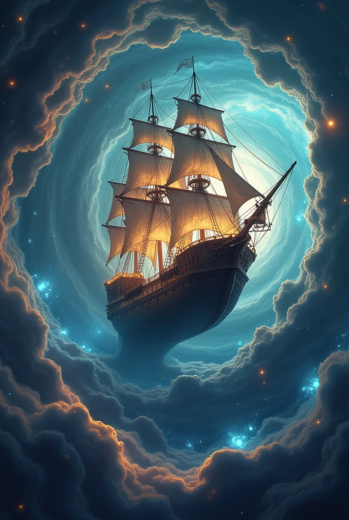 Pirate ship trapped in a cosmic maelstrom nebula, rendered in cosmic beach whirlpool engine, volumetric lighting, spectacular, ambient lights, light pollution, cinematic atmosphere, art nouveau style, illustration art artwork by SenseiJaye, intricate detail.