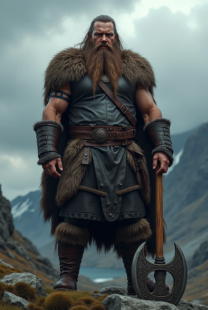 

Imagine a robust Viking, with long hair and a thick beard. He wears leather armor. In his right hand he holds an axe, with a sturdy wooden handle. The axe has an intricate design in the metal, with engraved Nordic symbols. The scene could be set in a rugged landscape, with mountains and a cloudy sky in the background, evoking the atmosphere of ancient Scandinavia.