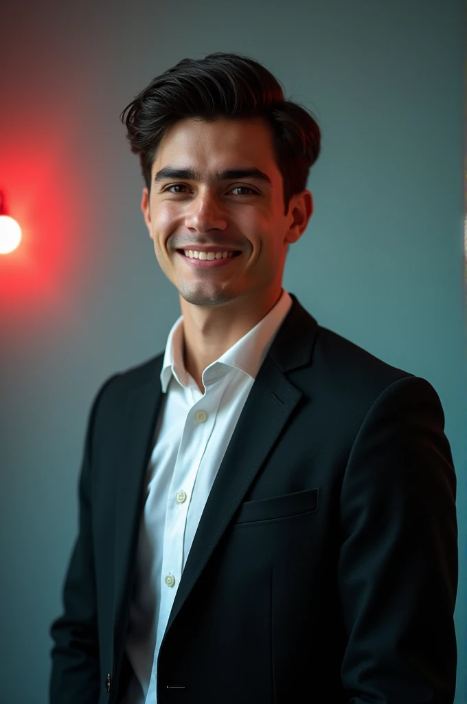 A young man with dark hair and a confident smile. He is dressed in a black blazer over a white shirt. The man is positioned against aqua colour backdrop with a subtle red lighting on the left side. and he posing for Linkedin profile