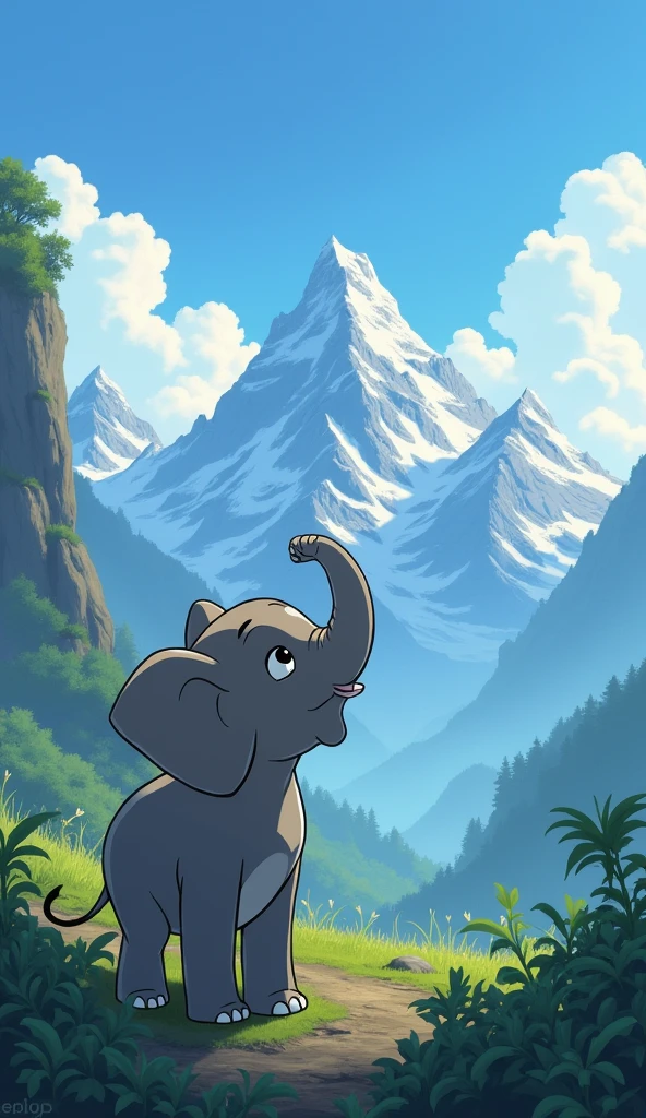 Studio Ghibli Style, Baby elephant gazing at distant mountains, Symbolizing his dreams and the difficulties ahead、A mountain towering into the blue sky々It is depicted