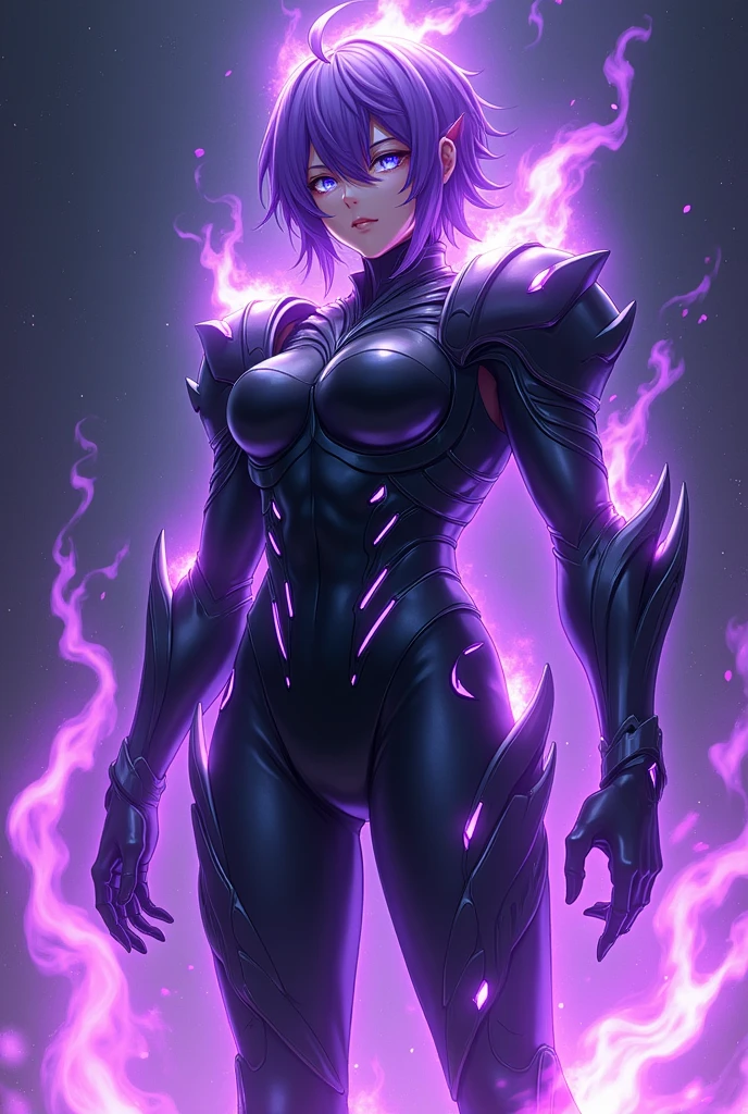 Black armor suit, Purple Flaming Aura, Galaxy stars space background, Purple hair, Blue glowing eyes, Anime Man