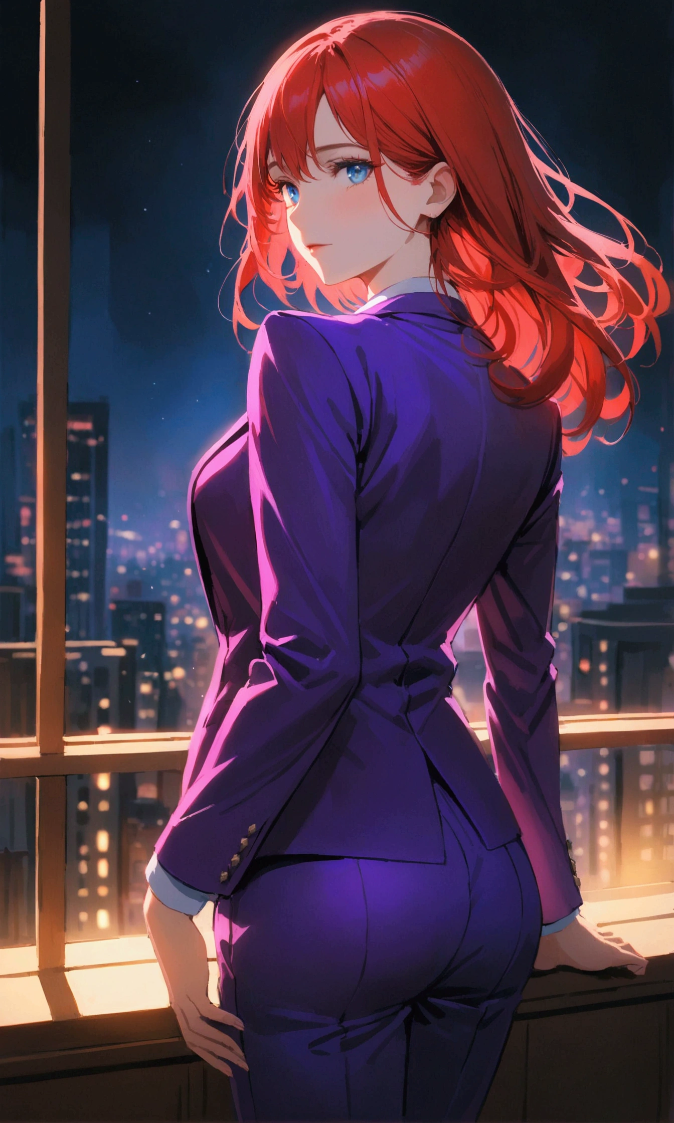 Woman with long red hair, blue eyes, purple suit turns her back on condo at night