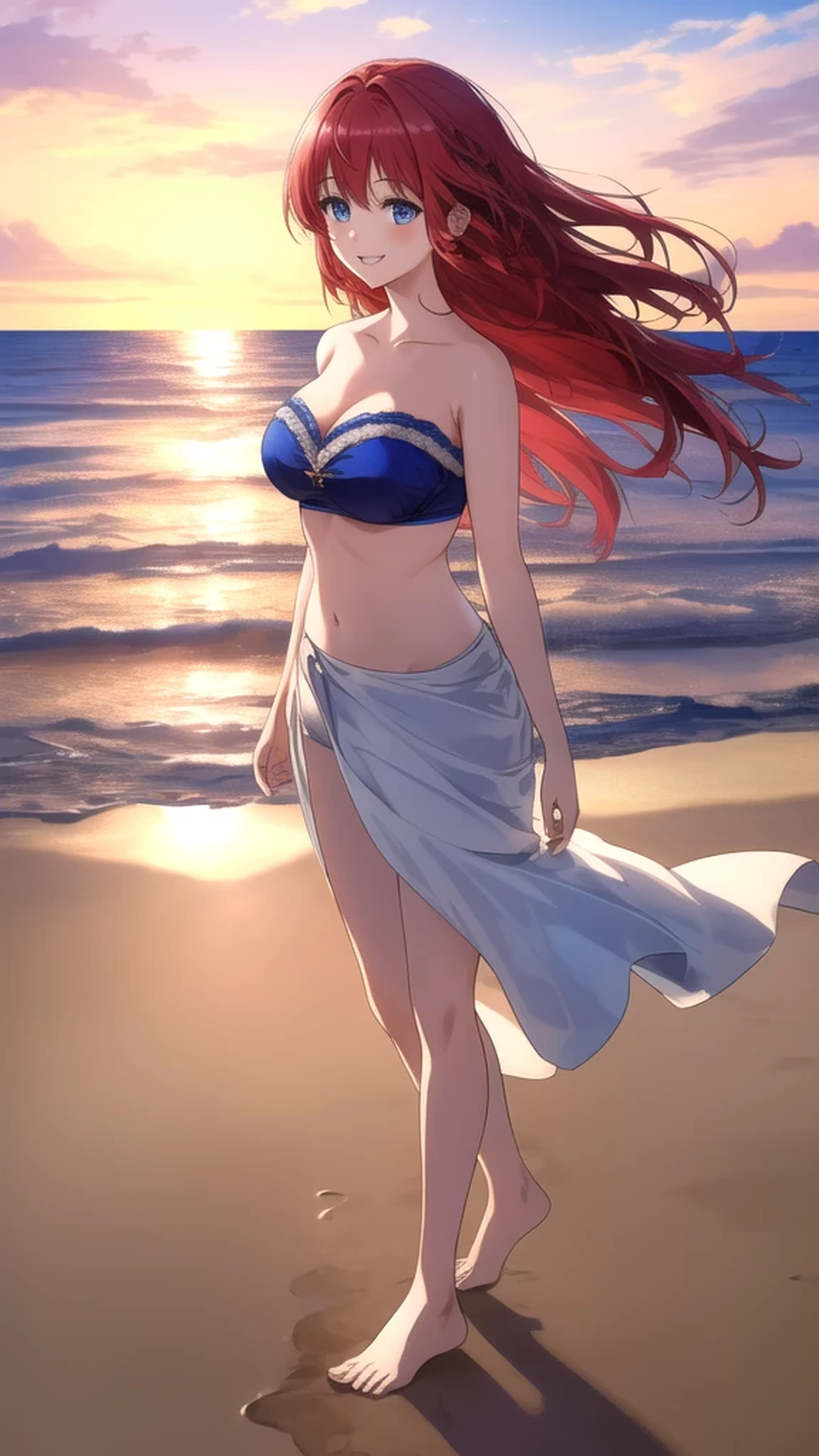orishirakawa, ((masterpiece, best quality, highres, distinct_image)), extremely beautiful and delicate, extremely detailed, intricate detail, 1girl, solo, short stack, huge breed hair, long hair, straight hair, Blue eyes, BREAK white bandeau bikini, Cute Smile Open your mouth, Are standing, (She walked along the beach in the sunset, her bare feet touching the water, the closest she came to seeing that smile:1.1), barefoot, Two Arms, (cinematic angle:1.1),