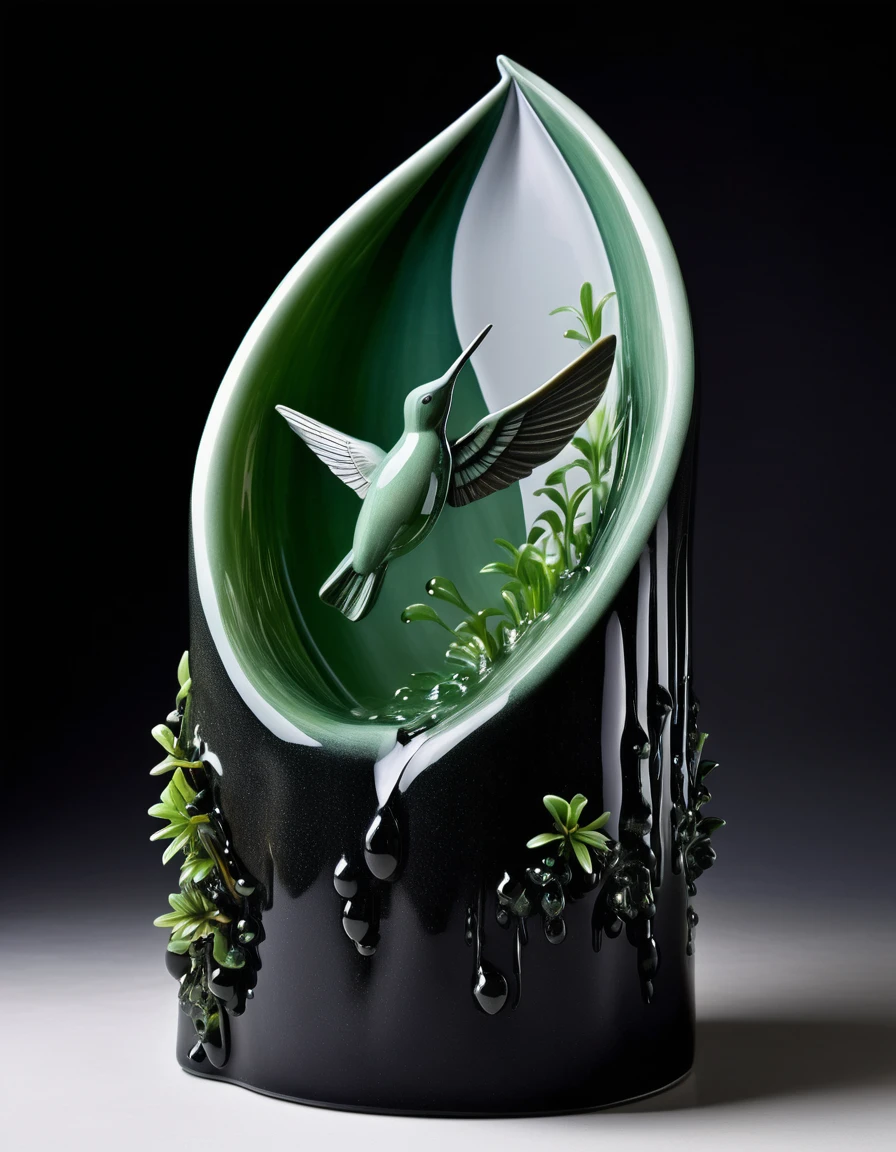 Incredible surreal sculpture, (On a black porcelain stone a white porcelain hand) with fingers brought together, ((the palm forms a boat)), in the palm ((light green transparent water)), ((water flows)) down ((through the fingers on the palm and drips)), ((drops of water turn into green hummingbirds)), hummingbirds fly away to the sides, View from the side. Upper angle. Distance 1 meter. Work of a brilliant sculptor. Surrealism. Distortion of space. Illusion