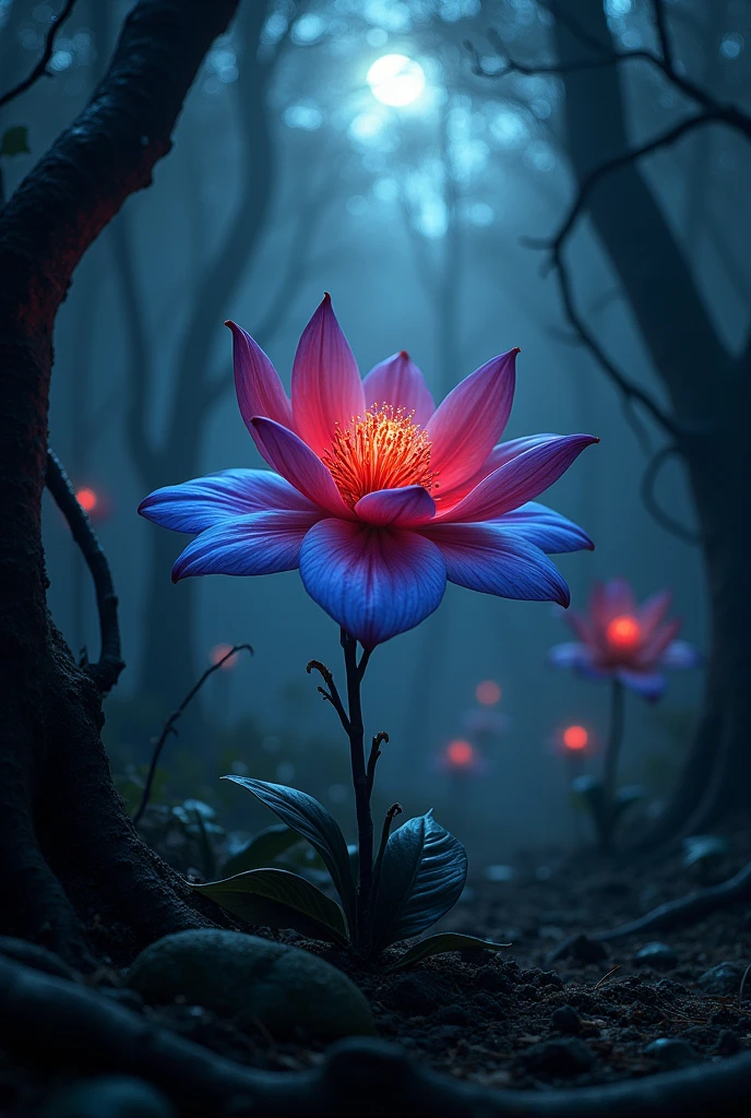 A red and blue flower, moonlit, well highlighted in a dark and gloomy forest, ghosts roam in the background 