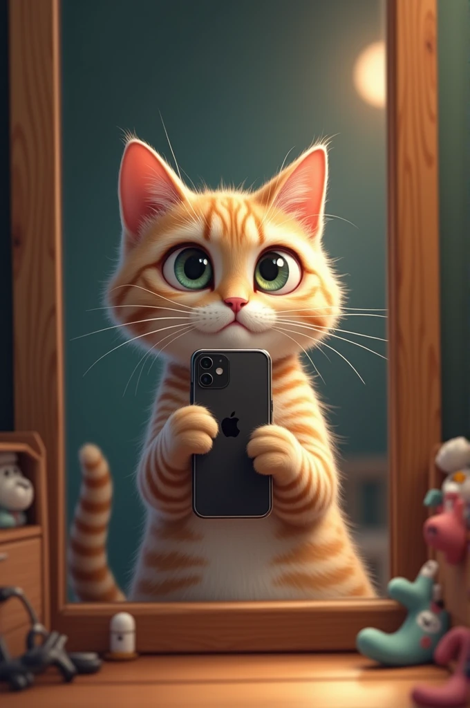 the cat is taking a picture looking at the mirror with an iPhone in his hand