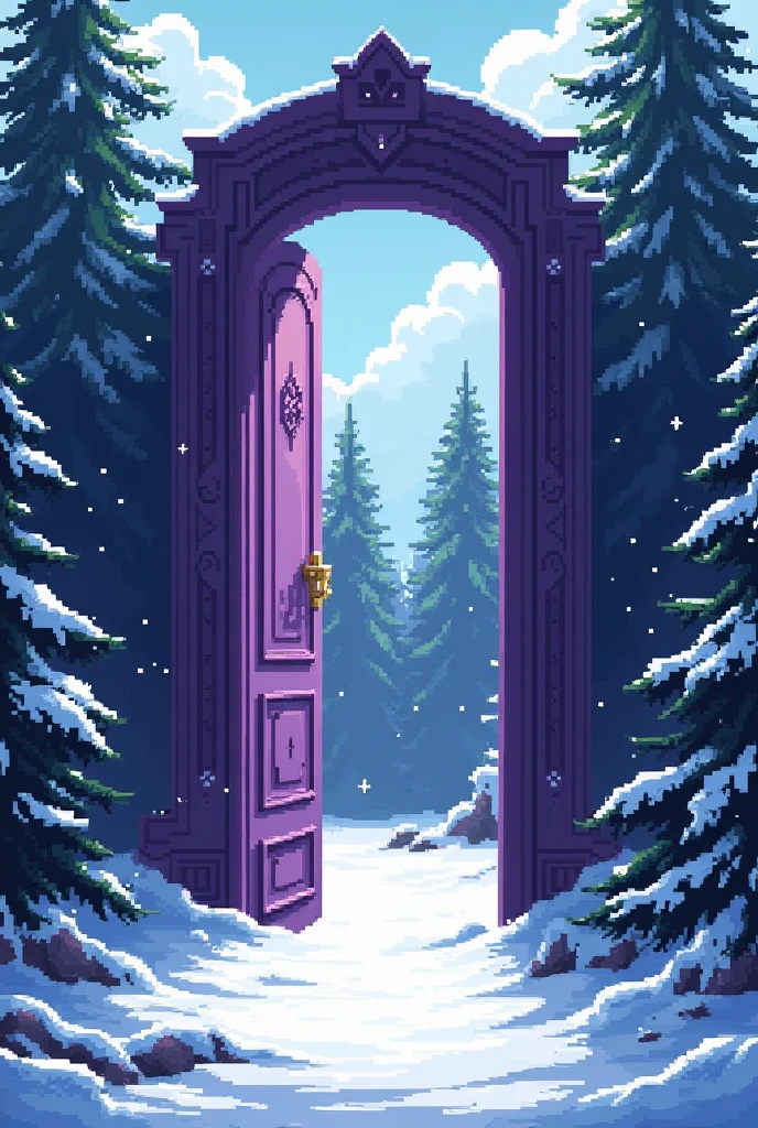 Generates a large purple door by opening it and in front of the door there are pine trees and snow. I created all this with a video game-like pixelated style., similar to Undertale.