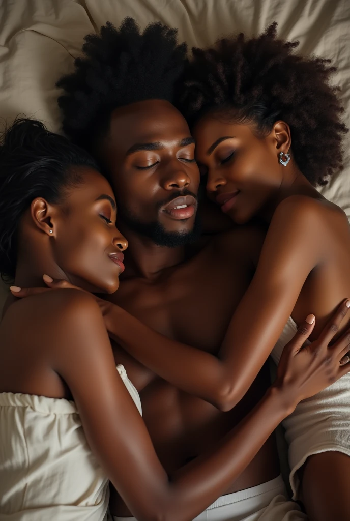 An attractive young black man, of about 18 years, in bed being caressed by two beautiful black women, also approximately 1.