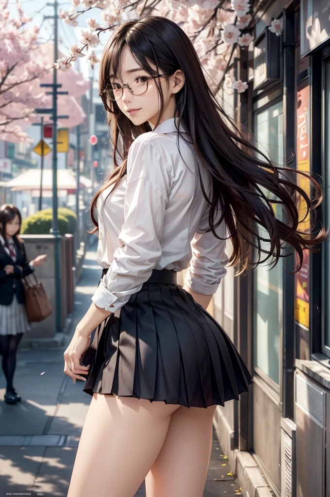 ((Highest quality)), ((masterpiece)), (detailed), (High contrast natural side sunlight, Dynamic Lighting, Cinema Lighting), Anime Style, (((whole body))), Cute Japanese, ((Rear view, look back)), Looking at the audience, smooth, fair skin, Exaggerated super long hair, Black straight hair、Wavy head and tail, 長い髪がWindになびく, ((Extremely fine hair)),  Cute, isn't it?, Long upper eyelashes, Thin eyebrows, Big eyes, amber pupil, Ultra-detailed eyes, A little blush, smile, Exquisite rimless glasses, detailedな顔, detailed face, Small Nose, Small lips, rest, 
((Symmetrical clothing, uniform, White button-down shirt, Black pleated student skirt, dark stockings, Dark colored school shoes)), Perfect clothing texture, Perfect body structure, Attractive figure, Long and sexy legs, Perfect foot quality, Perfect touch, Beautiful hands and feet, Beautiful fingers, rest, (Beautiful Wind scenery), (Micro Wind Outdoor), Wide street in a quiet Japanese town, Spring Morning, (Wind), (cherry blossoms), whole body images, ((Perfect composition)), emphasize the subject, (detailedな背景:1.5), オリジナルphotograph, CG unity, photograph, シュールなdetailed, concentrate, (Distorted depth of field blurred background), [[Color Saturation]], (和Windphotograph:0.3), (magazine:1.4), (Cover Style:1.3)