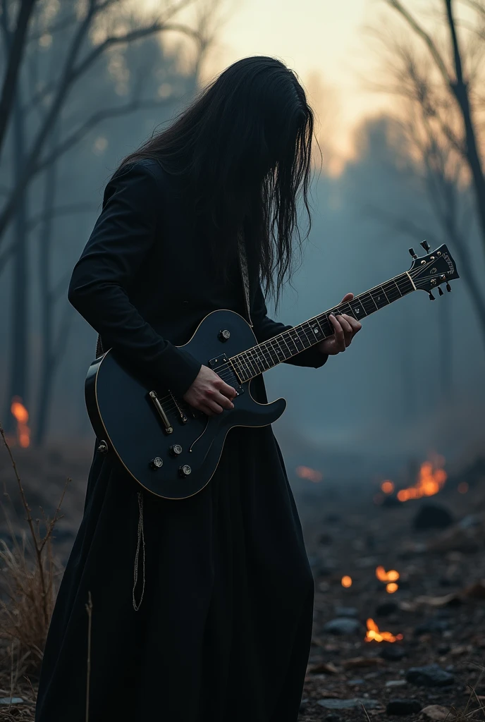 A long-haired man with his face hidden by his hair and black clothes playing a black jackson guitar in a burned forest with embers on the ground at dusk with a thin cloud of smoke