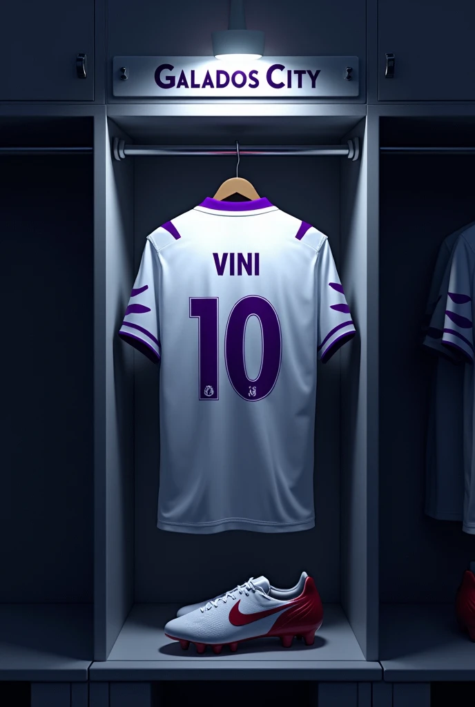 football locker room with a football player's cabin ( There should be no person in the image) In this cabin there will be a white shirt with purple details on the collar and sleeve. The shirt must be showing the back with the name VINI highlighted and the shirt number must be number 10., must have a pair of nike cleats , the cabin at the top must contain the name of the club which is GALADOS CITY, all ambient light must be off, only the light of the sign with the name GALADOS CITY and a low light above the shirt indicating prominence must be on