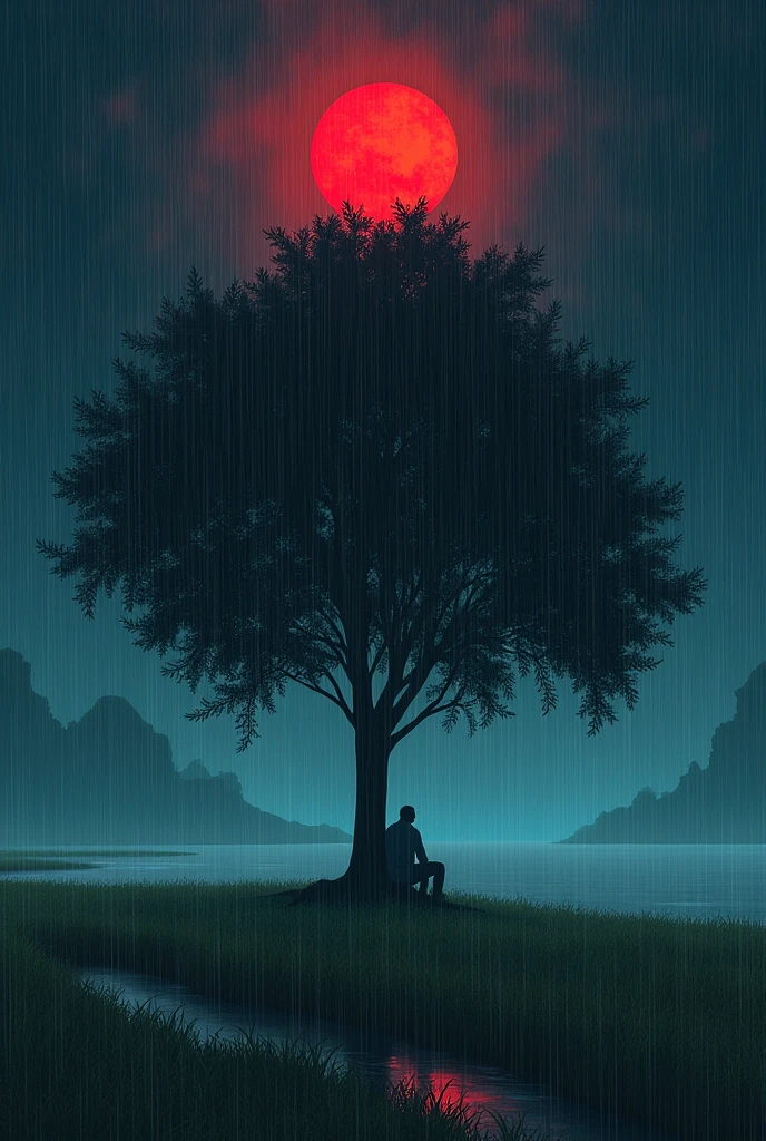a green field beside a river, shining black sky, red sun,a man sitting under a big tree shadow,heavy raining and thundering.