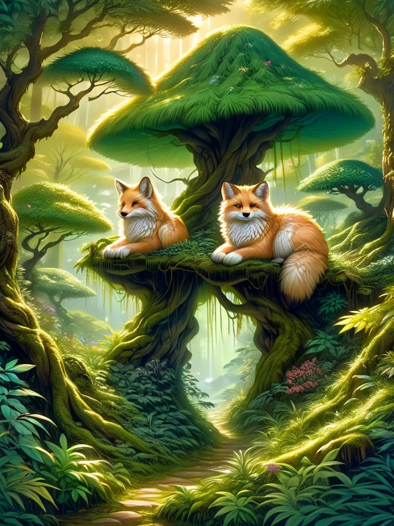 lush green forest, magical atmosphere, traditional Japanese painting techniques, vibrant colors, soft lighting, detailed fur, mystical presence, intricate patterns