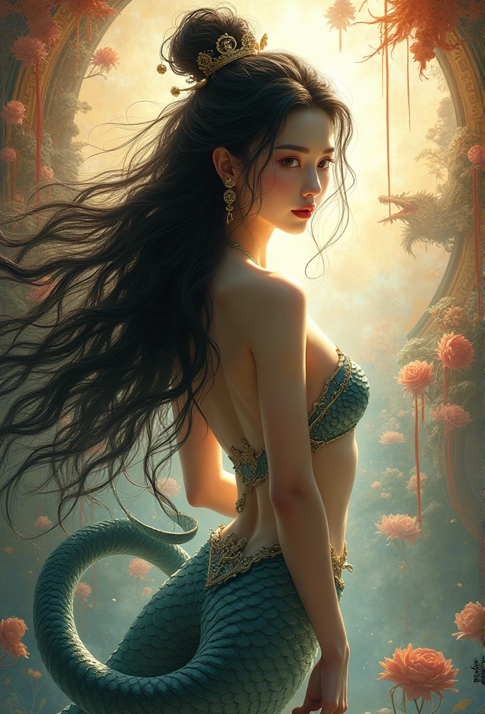 Ultra-Realistic Images, White, HD Images, myth, Dynamic pose, Chinese women, human, Long black hair, (Mermaid), (Snake&#39;s Tail), Scale Texture, Bright lighting, The image is sharp, Attention to detail, Chinese painting style, Shui Mohua, Thangka Style, aesthetics, Beautiful images, Depth of written boundary, In the center of the canvas,Ornate and decorative demonological depictions throughout, Dir en grey style image, Hyper stylized, Dark, vulgar and unclear