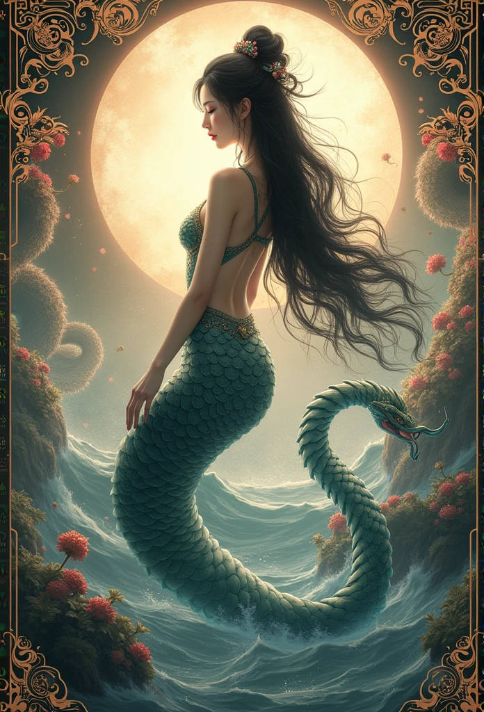 Ultra-Realistic Images, White, HD Images, myth, Dynamic pose, Chinese women, human, Long black hair, (Mermaid), (Snake&#39;s Tail), Scale Texture, Bright lighting, The image is sharp, Attention to detail, Chinese painting style, Shui Mohua, Thangka Style, aesthetics, Beautiful images, Depth of written boundary, In the center of the canvas,Ornate and decorative demonological depictions throughout, Dir en grey style image, Hyper stylized, Dark, vulgar and unclear