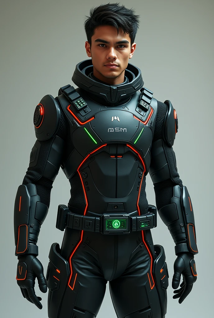 Sanchez Age: 28 yearsDescription: Leo is a new recruit with a natural talent for technology and quick adaptation to temporal changes..Appearance: short black hair, brown eyes and dark skin.Time Travel Outfit: A black nanofiber suit, that automatically adjusts to the environment and weather conditions. It has a control panel built into the left arm, which allows timeline configuration and anomaly monitoring. The suit has green and red light inserts that flash as different functions are activated.. The gloves have tactile sensors to interact with temporal devices and integrated gadgets. Make the full body image