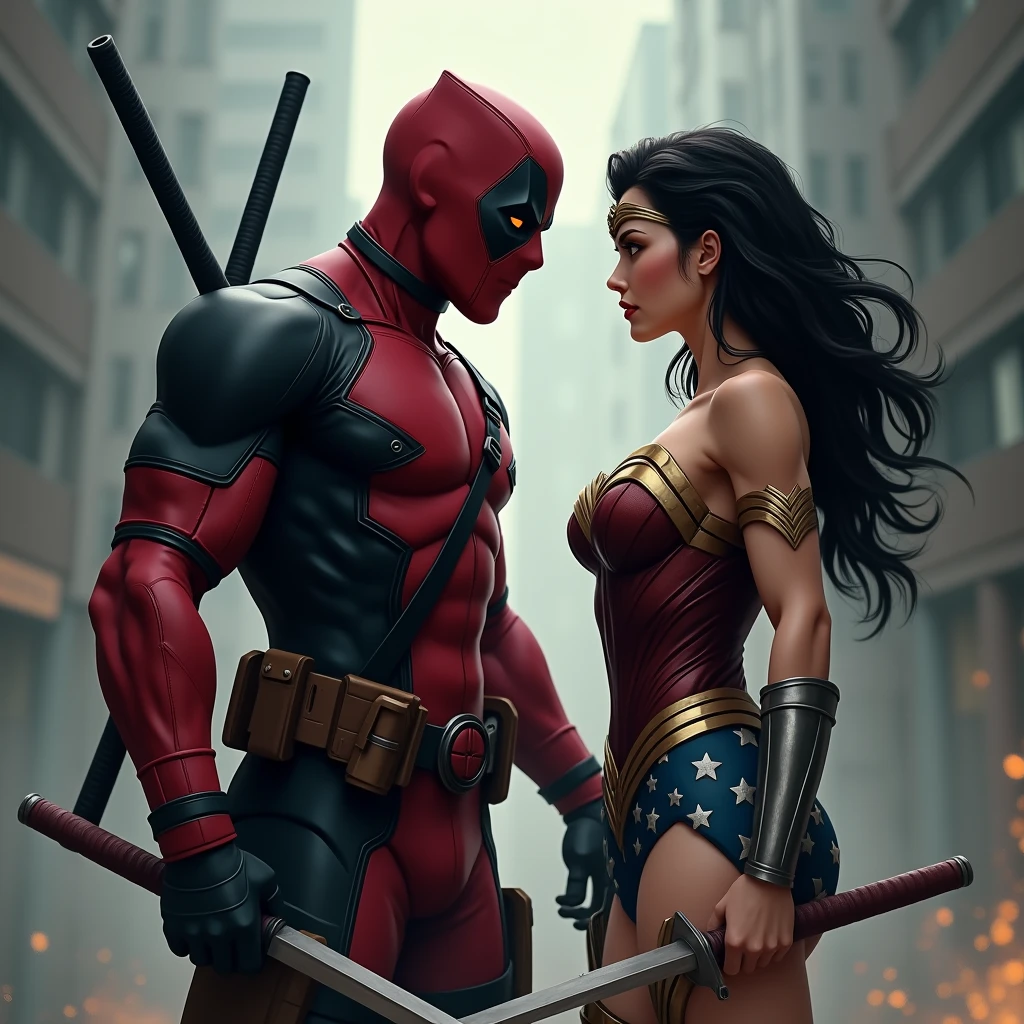 deadpool and wonder woman sexiest pos, wonder woman brest bigger, detailed illustration, cinematic, coming out of a thick fog, facing the camera, highly detailed, hyper-realistic, 8k, masterpiece, professional, vivid colors, dramatic lighting, comic book style, intense expression, powerful pose, muscular body, wearing red and black costume, swords on back, gritty, moody, atmospheric.