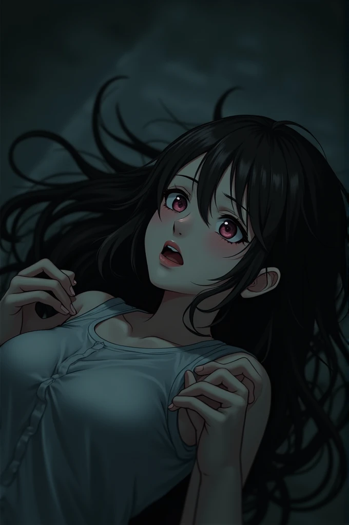 Anime brunette woman strangled to death
