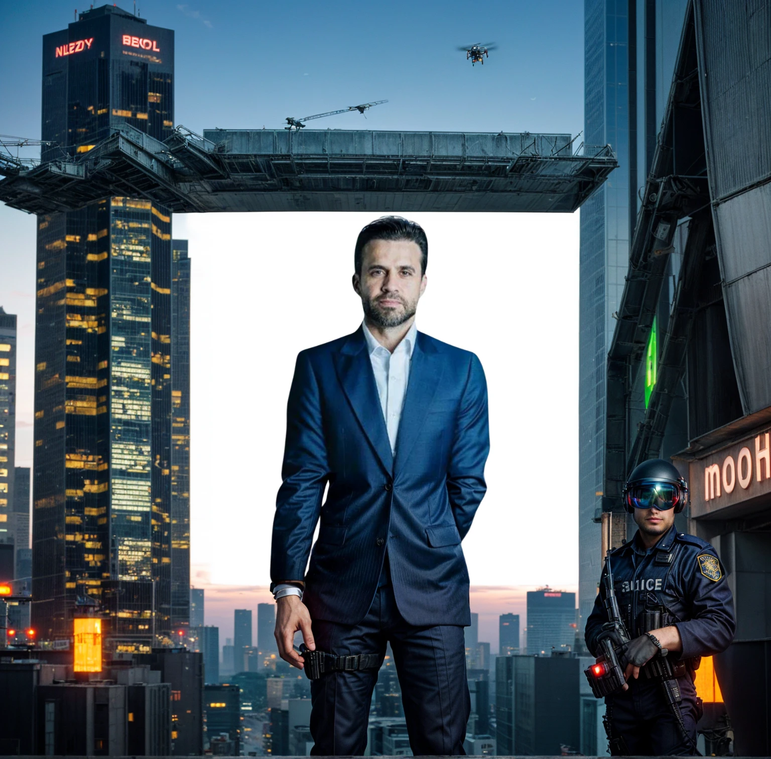 An ultra-realistic 4K landscape features a futuristic city with neon-lit glass and metal skyscrapers. drone in the sky. Not only, a black security, in elegant police attire, proudly display the ((Brazil&#39;s flag)) No fundo. An environment of order and protection in a grand city, where security and nationalism intertwine.