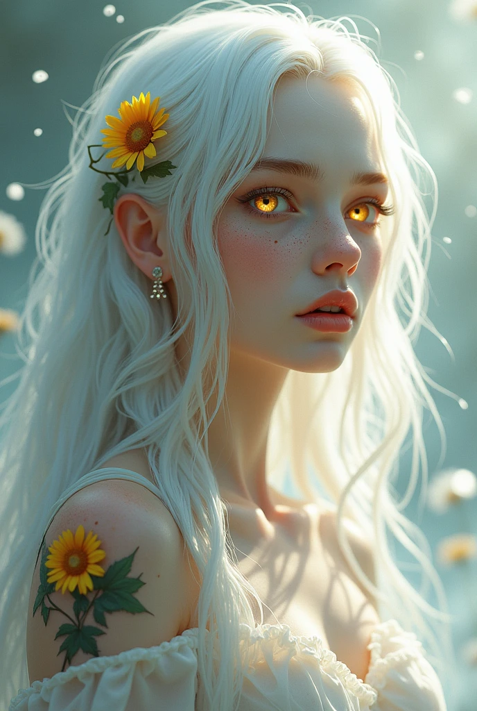 Create a female character. She has medium length white hair., gold eyes, freckles and a sunflower tattoo on her left cheek.