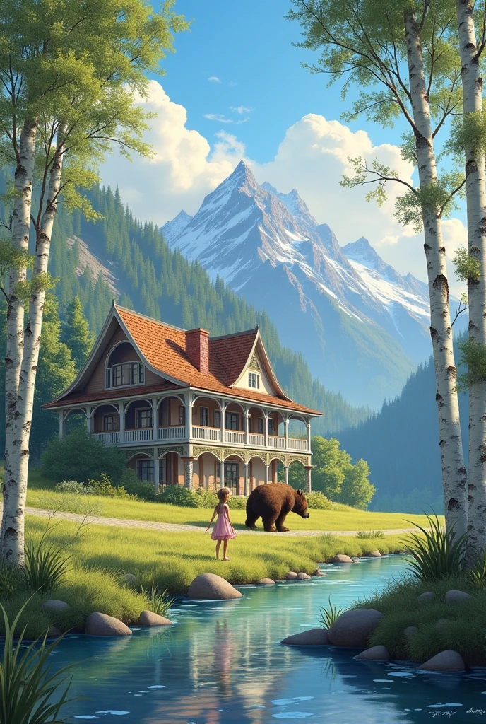 Birch Grove, the house is elegant, girl plays with a real bear, mountains around, the river is clean, sky is blue, high detail, A meadow, realistic picture, Drawing details.