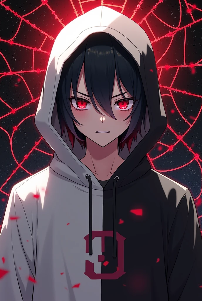 Anime boy, Wearing hoodie, Half of the hoodie is white while the other is black like a yin and yang. The eyes different from each other, the right is red like a demon eyes while the left is a human eye with color grey. It's hair is fluffy and a little straight. The face is an anime that is serious, inspired by Error sans. The background is like a universe covered with red strings like he controls it with his right hand. Make his face more serious like he is on a fight.