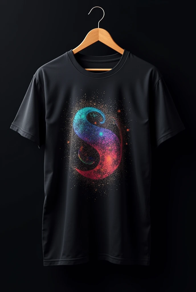 realistic image, of a print on a black t-shirt with an ink containing glitter-like particles with an iridescent effect of red colors, blue and violet. The printed t-shirt must be seen, The iridescent effect is only in the print and it can be seen that the change in tone is due to the change in tone is due to an optical phenomenon characterized as the tone of the light varies according to the angle from which the surface is observed and that it is in glitter-type particles in the print.