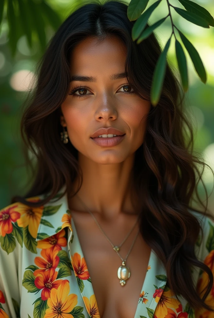 A Brazilian woman in a lush tropical garden, wearing an open shirt with a floral print, with a close-up capturing the harmonious beauty between her breasts and the natural flowers, showing off your natural charm and outgoing personality.