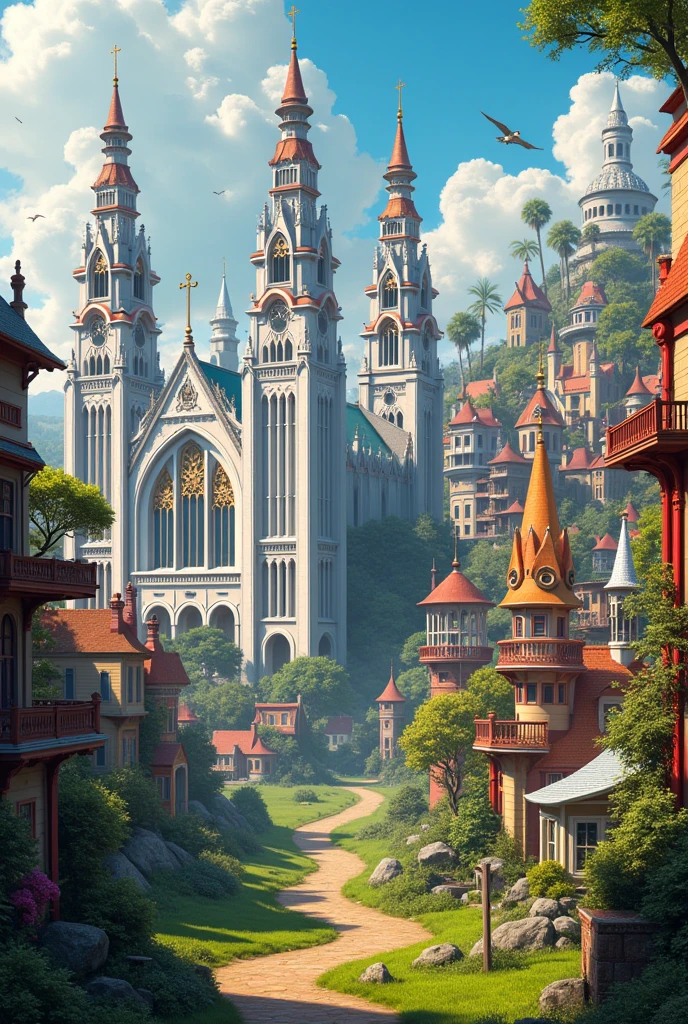 victorian city. with rustic and agrarian style. Green fields and several modern buildings contrast to form a modern and ancient city. A large white Gothic style church with colorful structures and statues.
