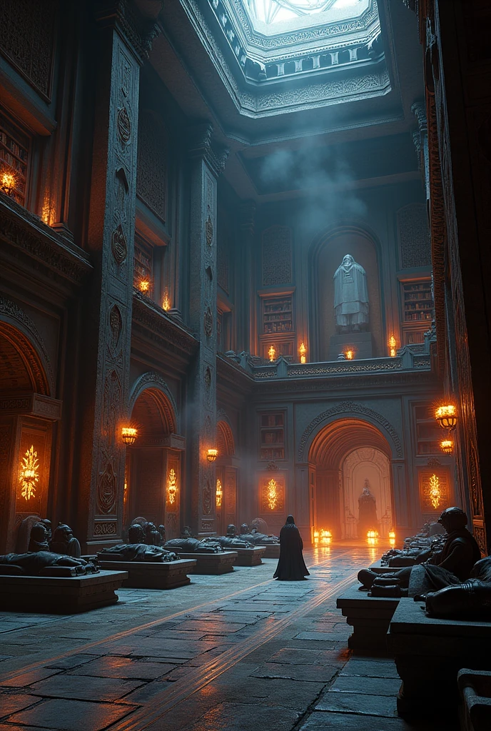 The Inside of an dark ancient Sith temple from Star Wars, there are many books and graves of important dead Sith, majestic, dark atmosphere, frightening, scary, ultra-realistic