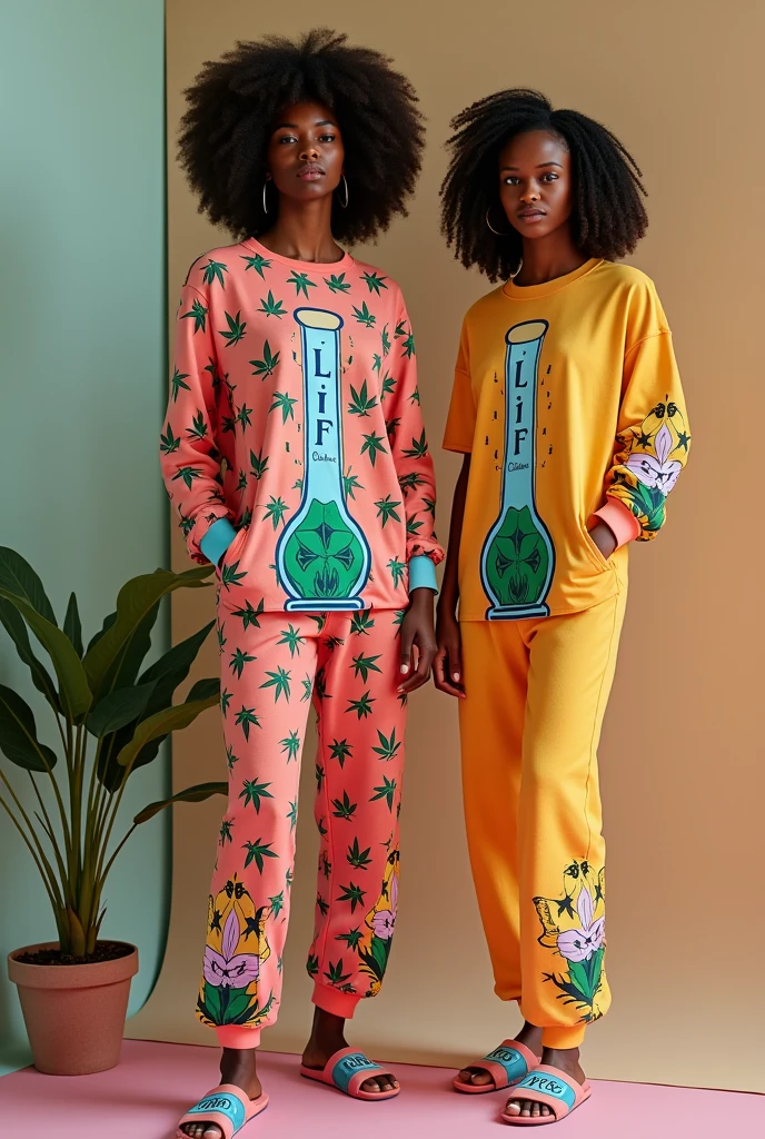 design 3d sexy comfortable house clothes with vibrant stoner colors for african american women. the logo on the clothes a anti-gravity bong character with indica floating inside. design matching socks and slippers. the brand name l.i.f.t. clothing should be visible on the clothes.
