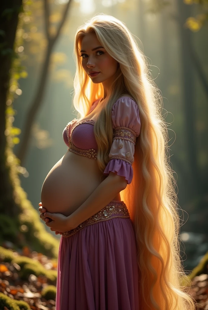 A stunning portrait of Rapunzel She is pregnant, holding her belly, extremely long blonde hair, location is enchanted forest, tower, young and beautiful, hyper realistic, real portrait, backlit, exquisite features, cleavage, sexy, seductive, natural light, soft light, nine months pregnant, large belly, embodiment of love, bare belly, mermaid