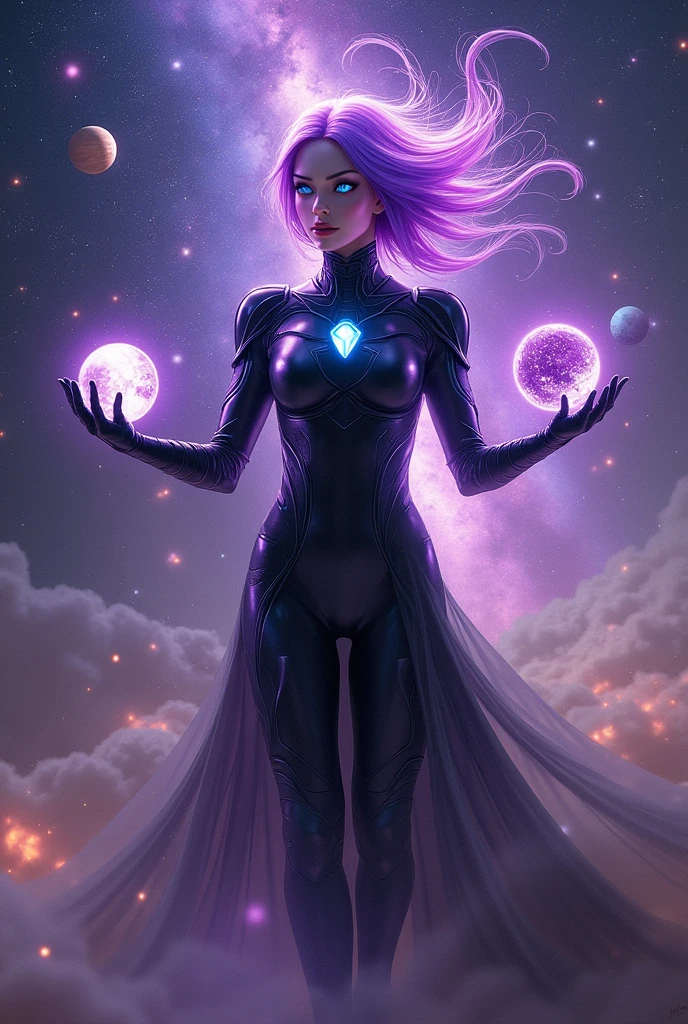 Black armor suit, Purple Flaming Aura, Galaxy stars space background, Purple hair, Blue glowing eyes, Holding planets, Relaxed pose Warm lighting
