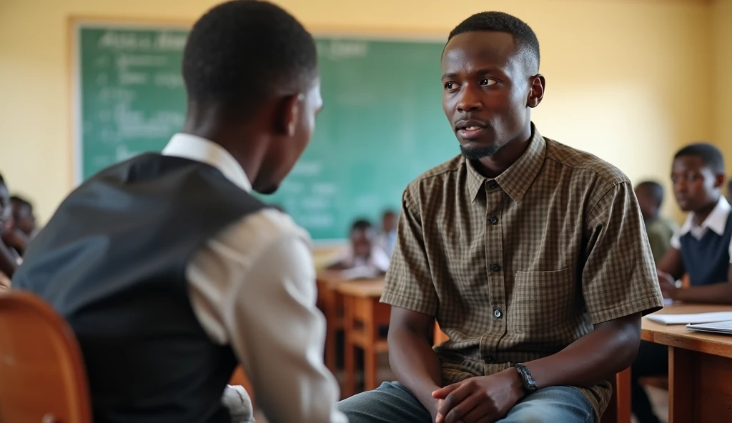 A teacher scolds a Burkinabe high school student sitting on his chair at the high school