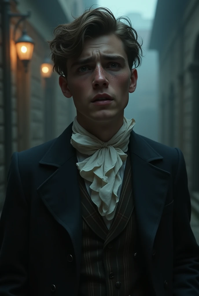 19-year-old man scared with 19th century clothing