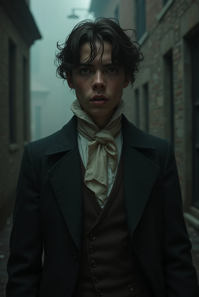 19-year-old man scared with 19th century clothing