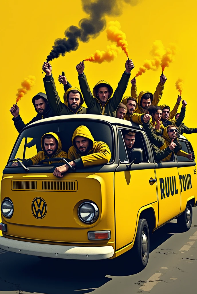 Simplistic image of a group of male ultra hooligan style supporters in yellow and black jackets in a yellow Volkswagen combi with the words "ROUEN ON TOUR" written on it with yellow and black smoke bombs in their hands