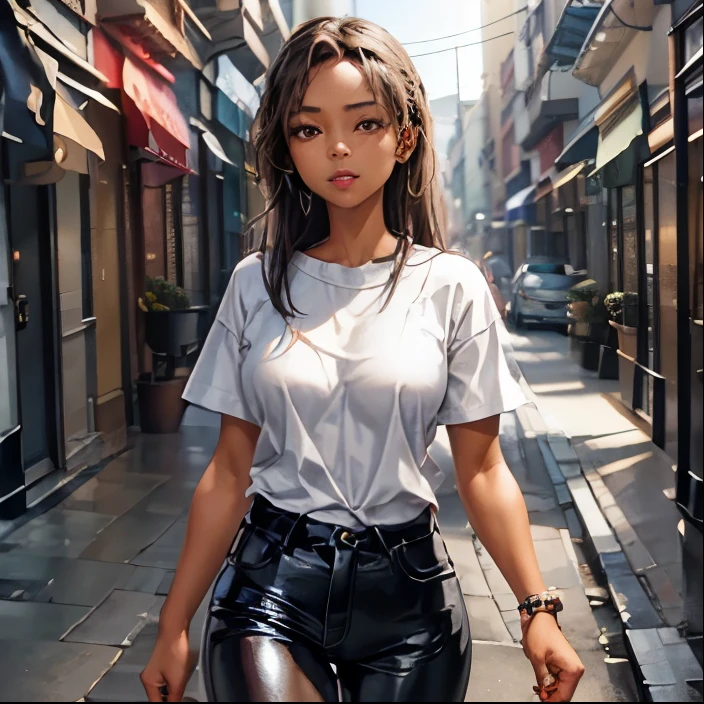 Filipina girl, light brown skin, (full lips: 1.2), white t-shirt, black jeans, walking along city street 