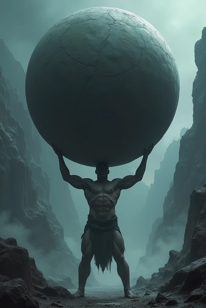 Create a dark fantasy image of a mythological figure, such as Atlas or Sisyphus, struggling to hold an immense, otherworldly weight. The figure should be depicted in a dramatic and foreboding landscape, such as a craggy, mist-covered mountain or a desolate, shadowy abyss. Show the mythological figure straining under the colossal burden, with their muscles tensed and their expression reflecting intense effort and anguish. The weight they carry should be depicted as a massive, surreal object—perhaps a colossal, intricately detailed orb or a menacing, dark mass—emphasizing its immense scale and the figure’s immense struggle. Use dark, moody lighting and a palette of deep, brooding colors to enhance the sense of epic struggle and mythical drama, creating an atmosphere of dark fantasy and monumental effort.