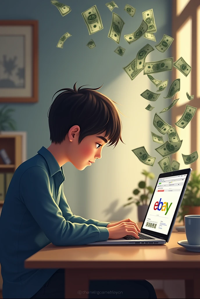 A boy with straight hair working on ebay website on laptop and dollars coming out of that laptop. 