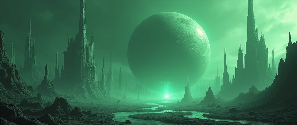 close-up of a futuristic landscape with a giant planet in the background, Highly detailed 4K digital art, stunning artwork in 8k, Epic fantasy sci-fi illustration, fractal thunder dan mumford, Epic fairytale fantasy landscape, Detailed 4k digital art, sci-fi digital art illustration, 8K HD Wallpapers Digital Art, Fantastic Planet, Epic fantasy in digital art style, in acid green tones, 7680 x 4320, dark fantasy