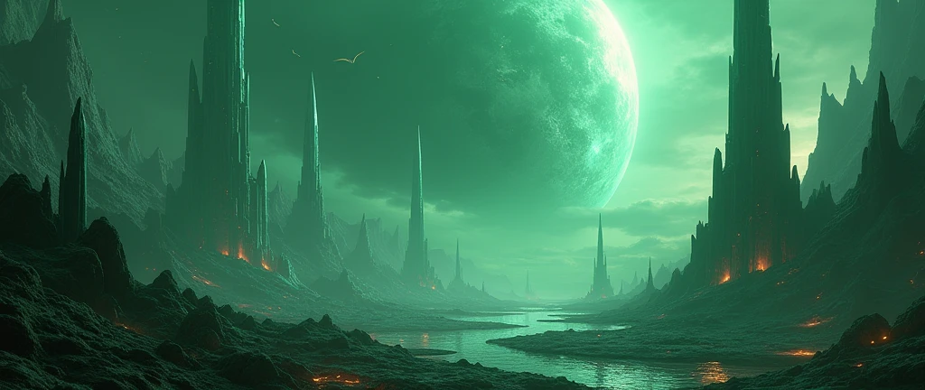 close-up of a futuristic landscape with a giant planet in the background, Highly detailed 4K digital art, stunning artwork in 8k, Epic fantasy sci-fi illustration, fractal thunder dan mumford, Epic fairytale fantasy landscape, Detailed 4k digital art, sci-fi digital art illustration, 8K HD Wallpapers Digital Art, Fantastic Planet, Epic fantasy in digital art style, in acid green tones, 7680 x 4320, dark fantasy